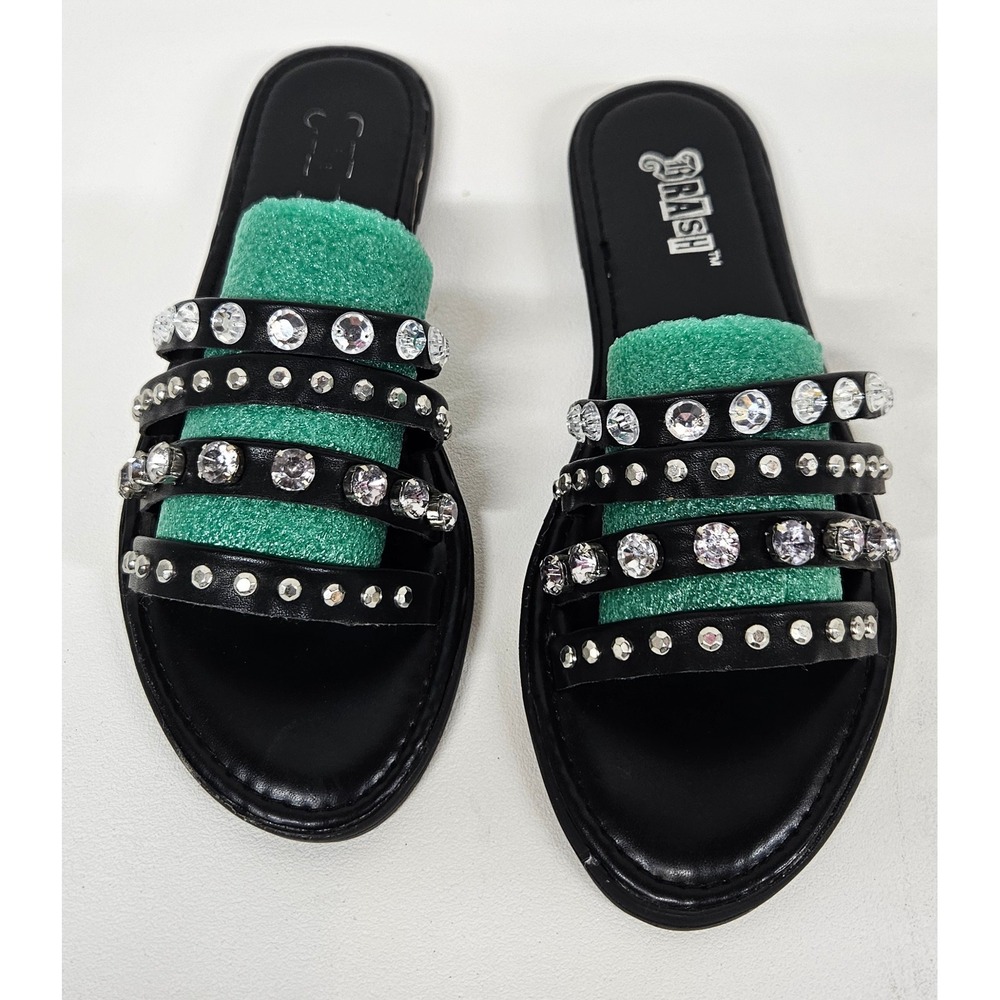 Brash Womens Black Rhinestone Studded Multi Strap Slide Sandals Size 8